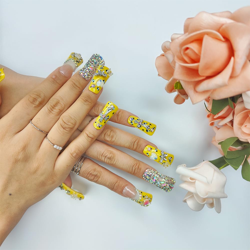 Duck Shape Press-On Nails - Handmade Acrylic Rhinestone Butterfly Design