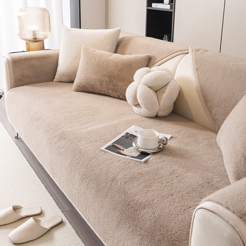 Winter Plush Sofa Cover - Non-Slip Solid Color Couch Protector