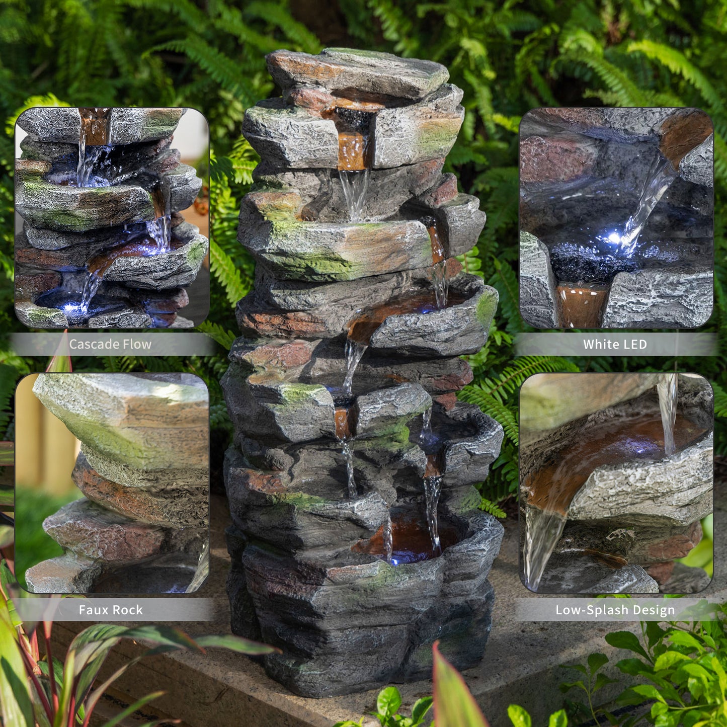 Outdoor Rock Waterfall Fountain with LED Lights for Garden Patio Lawn