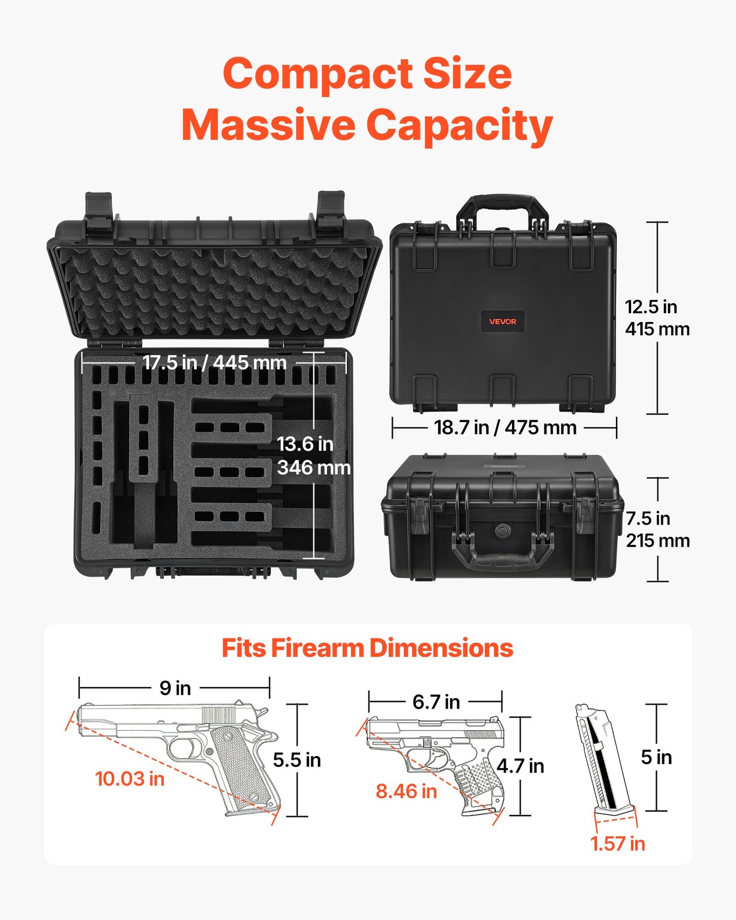 Heavy Duty Waterproof Gun Case with Foam Interior and Lockable Latches - Black
