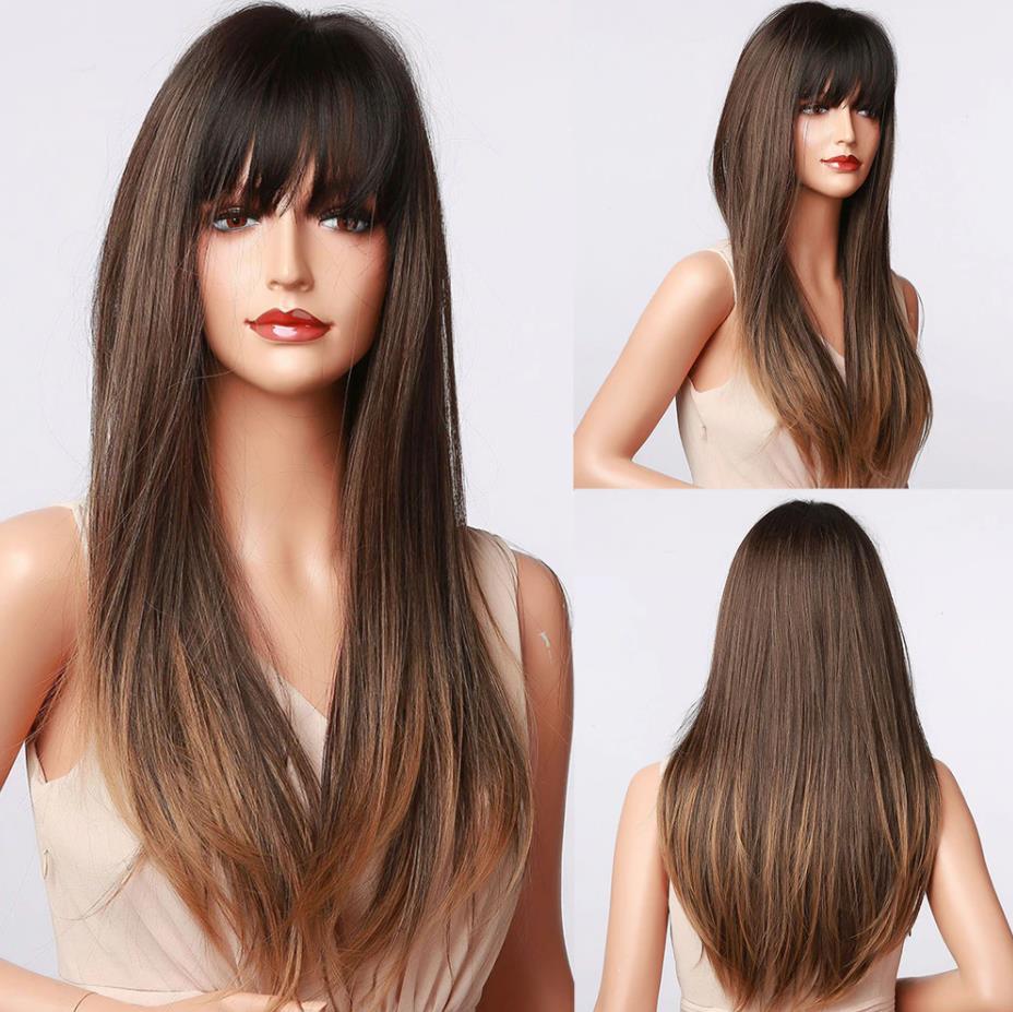 High Temperature Synthetic Wig with Gradient Colors and Bangs - Stylish & Dyeable Hairpiece