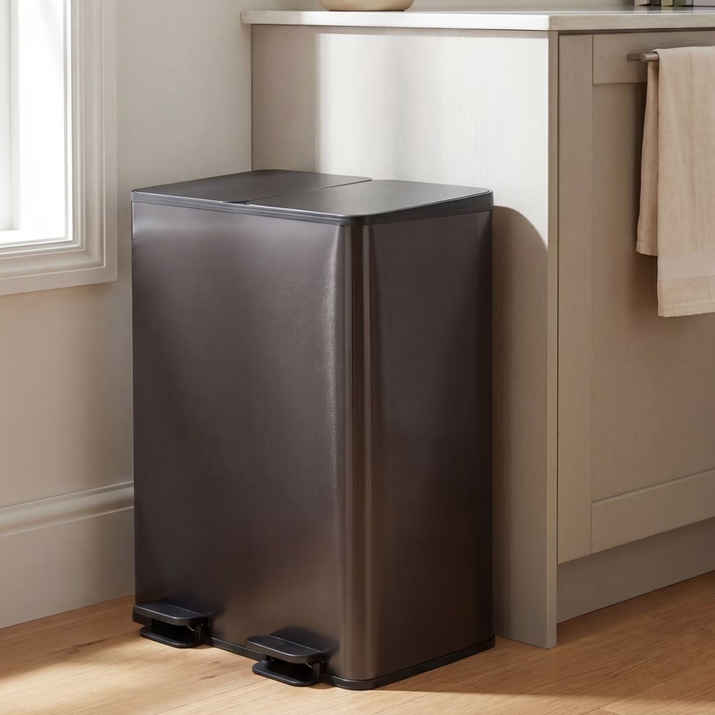 Dual Bin Trash Can, Foot Pedal Kitchen Recycling Bin, Soft-Close Lid