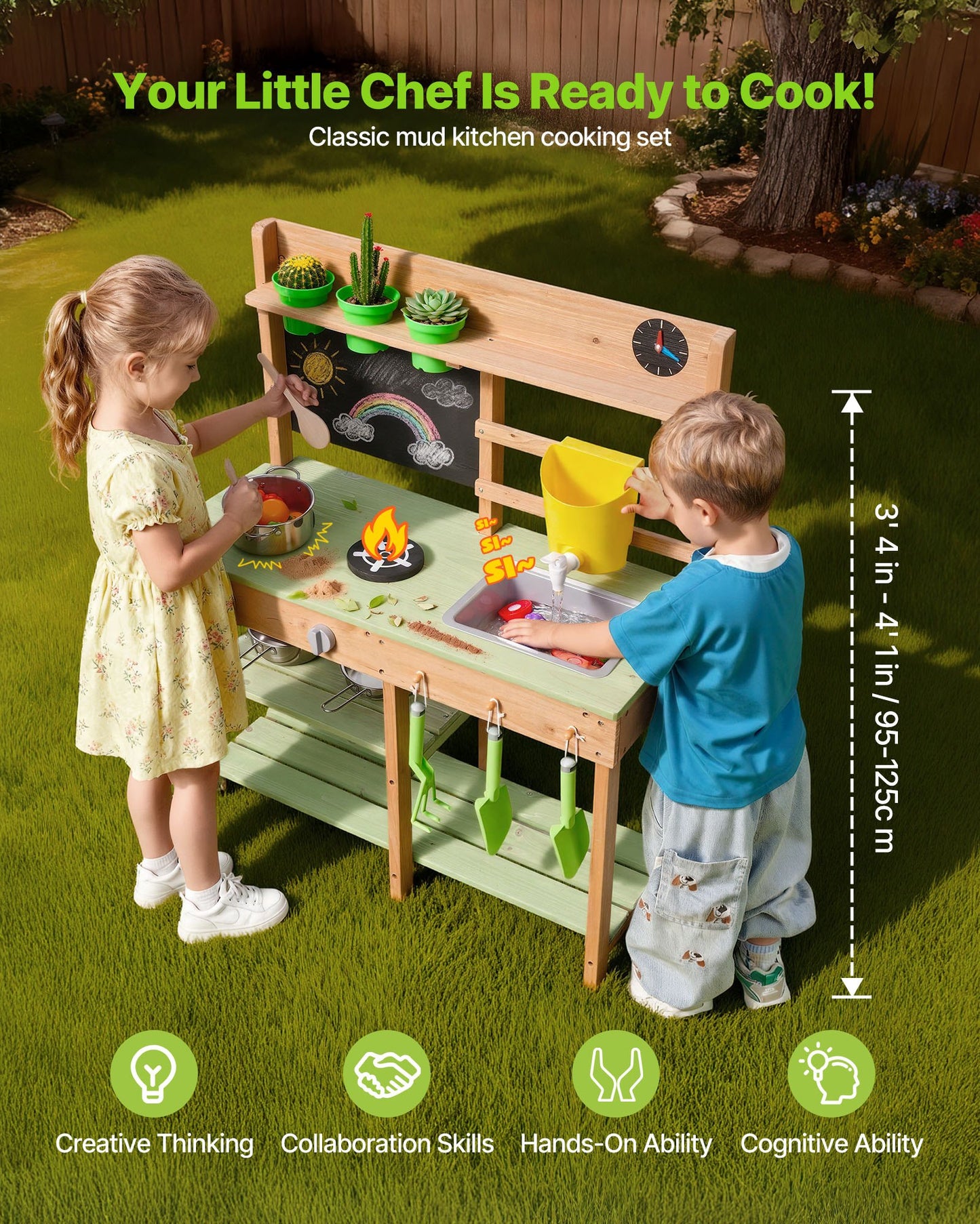 Outdoor Kids Mud Kitchen with Stoves Sink & Accessories - Wooden Play Set for Garden