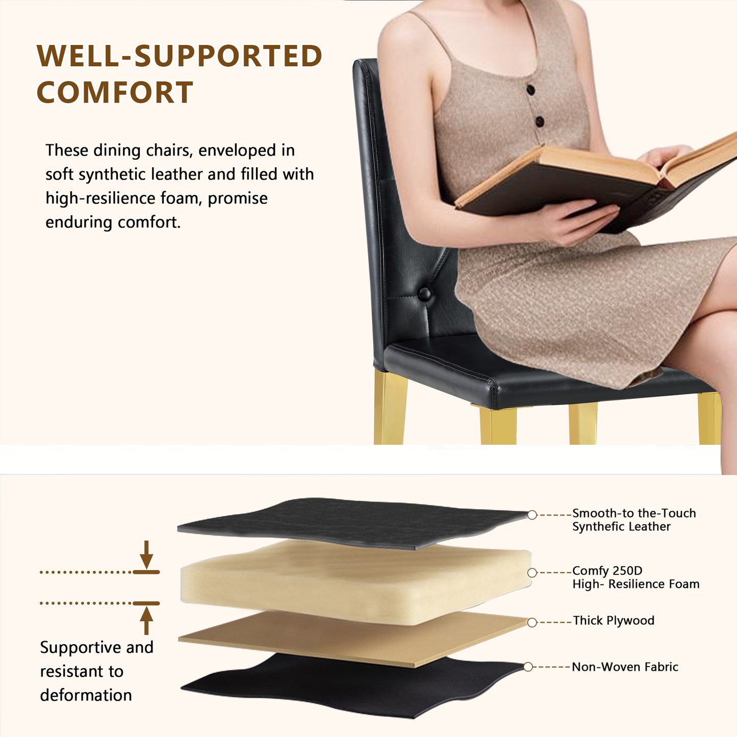 2-pack Black PU Dining Chairs,Ergonomic Buckle Backrest, 35 Inches