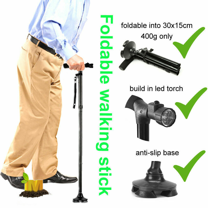 Folding Aluminium Walking Cane with Flashlight - Black