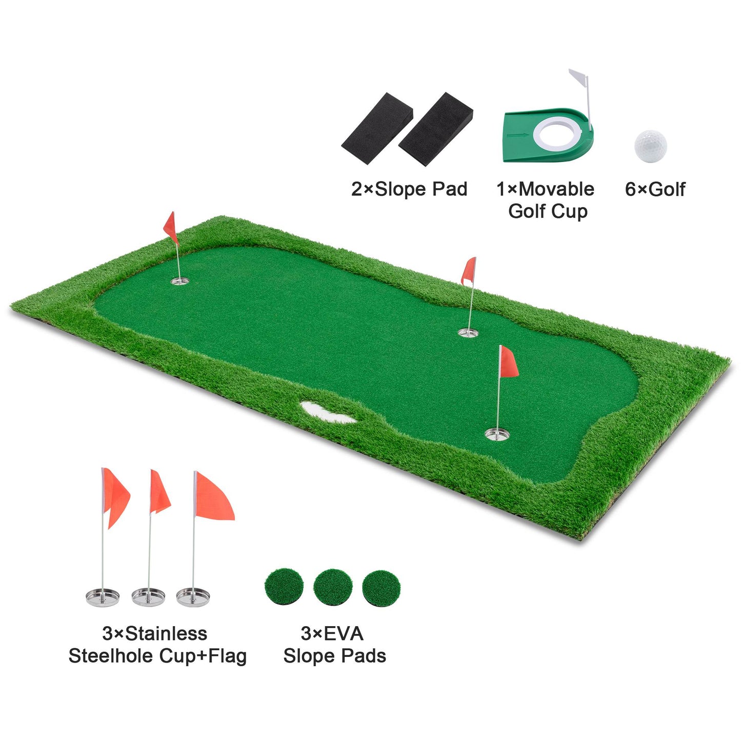 Golf Putting Green Mat - 10x5 FT with 3 Holes and Flags