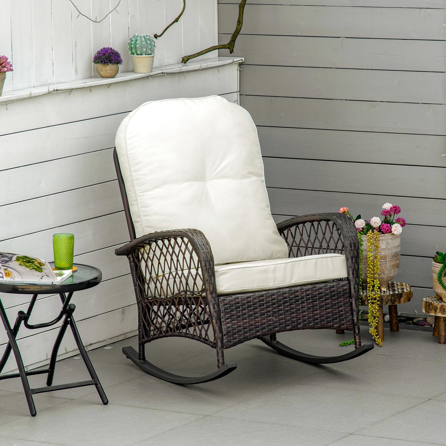Outdoor Rattan Wicker Recliner Rocker Chair with Cushion