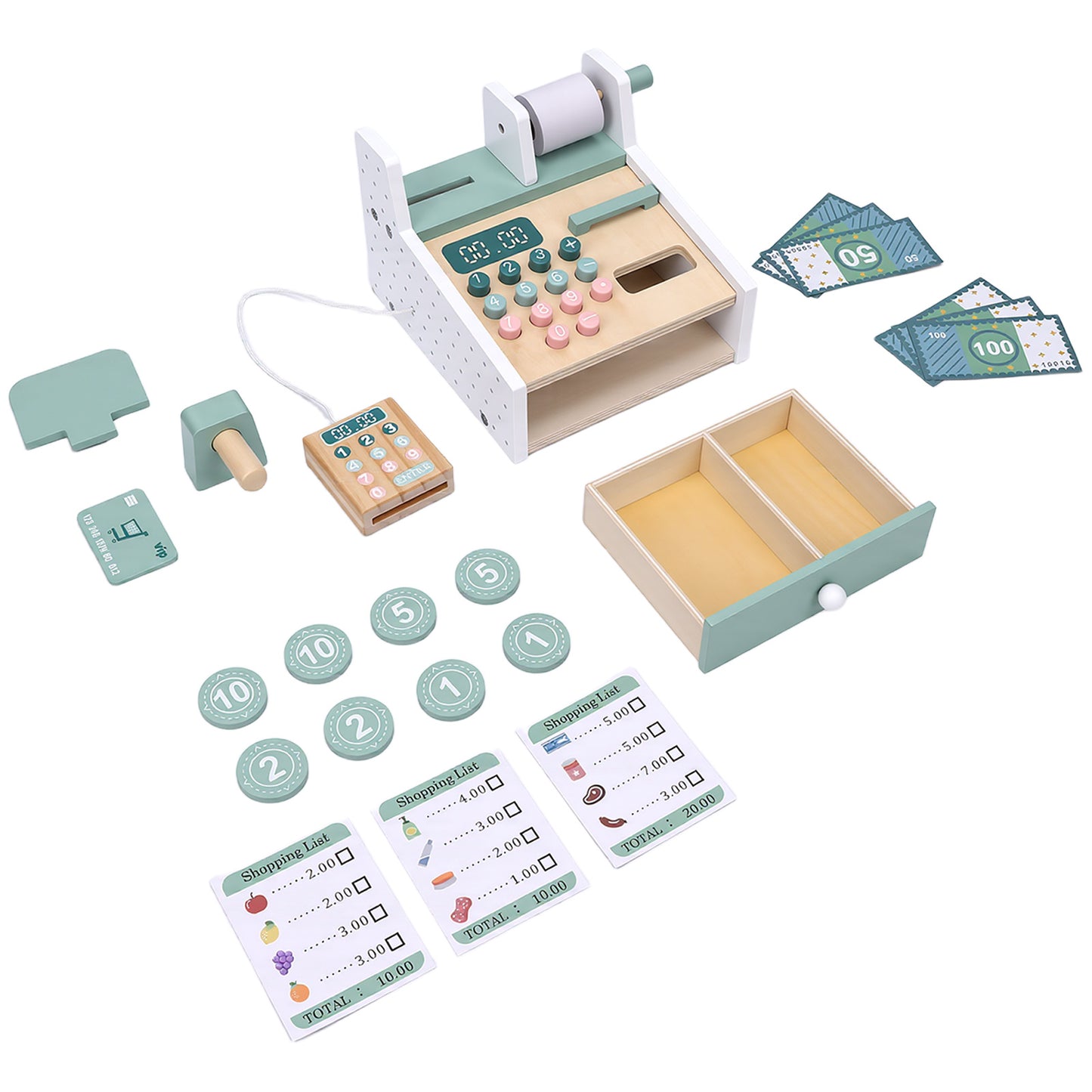Wooden Cash Register Toy With Scanner Play Money Shopping Cards