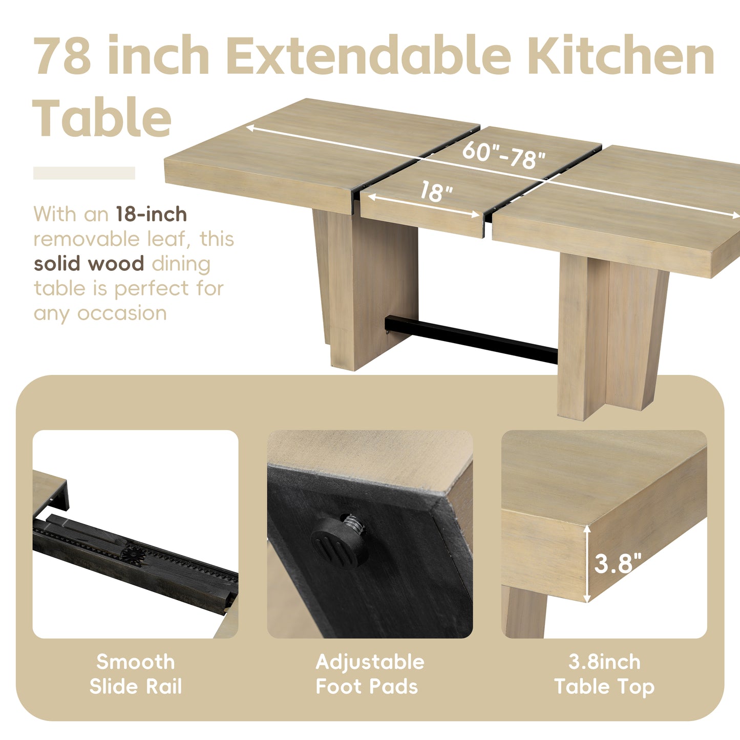 Extendable Wood Dining Table Set for 6 with Bench & 4 Chairs - Natural Beige