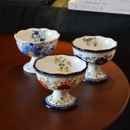 Hand-Painted Ceramic Ice Cream Cup - High-Stemmed, Forget-Me-Not Blue