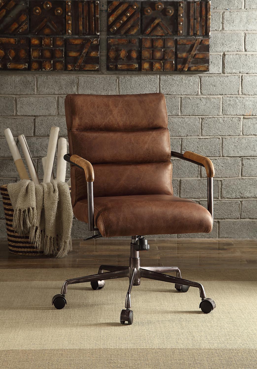 Brown Top Grain Leather Office Chair with Adjustable Height