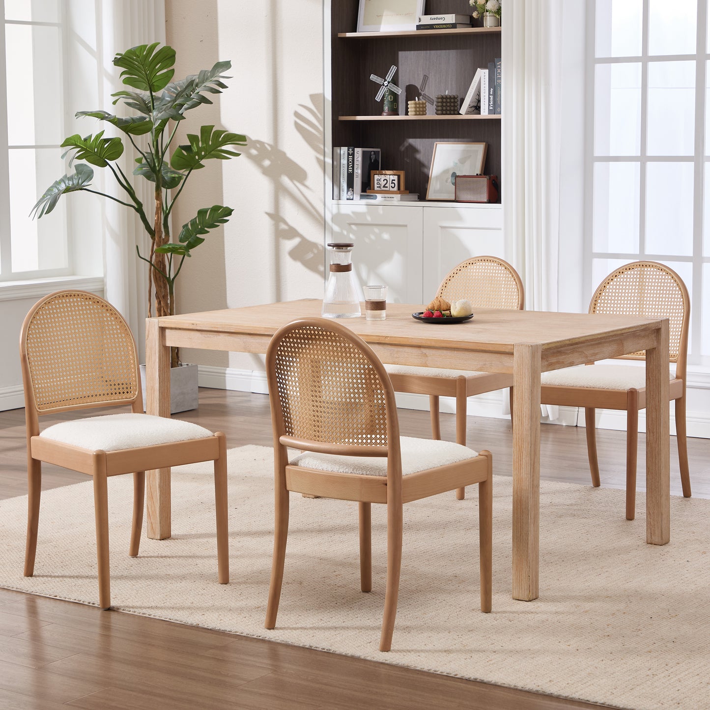 Beige Rattan Dining Chairs Set of 2 - Upholstered Kitchen Seating