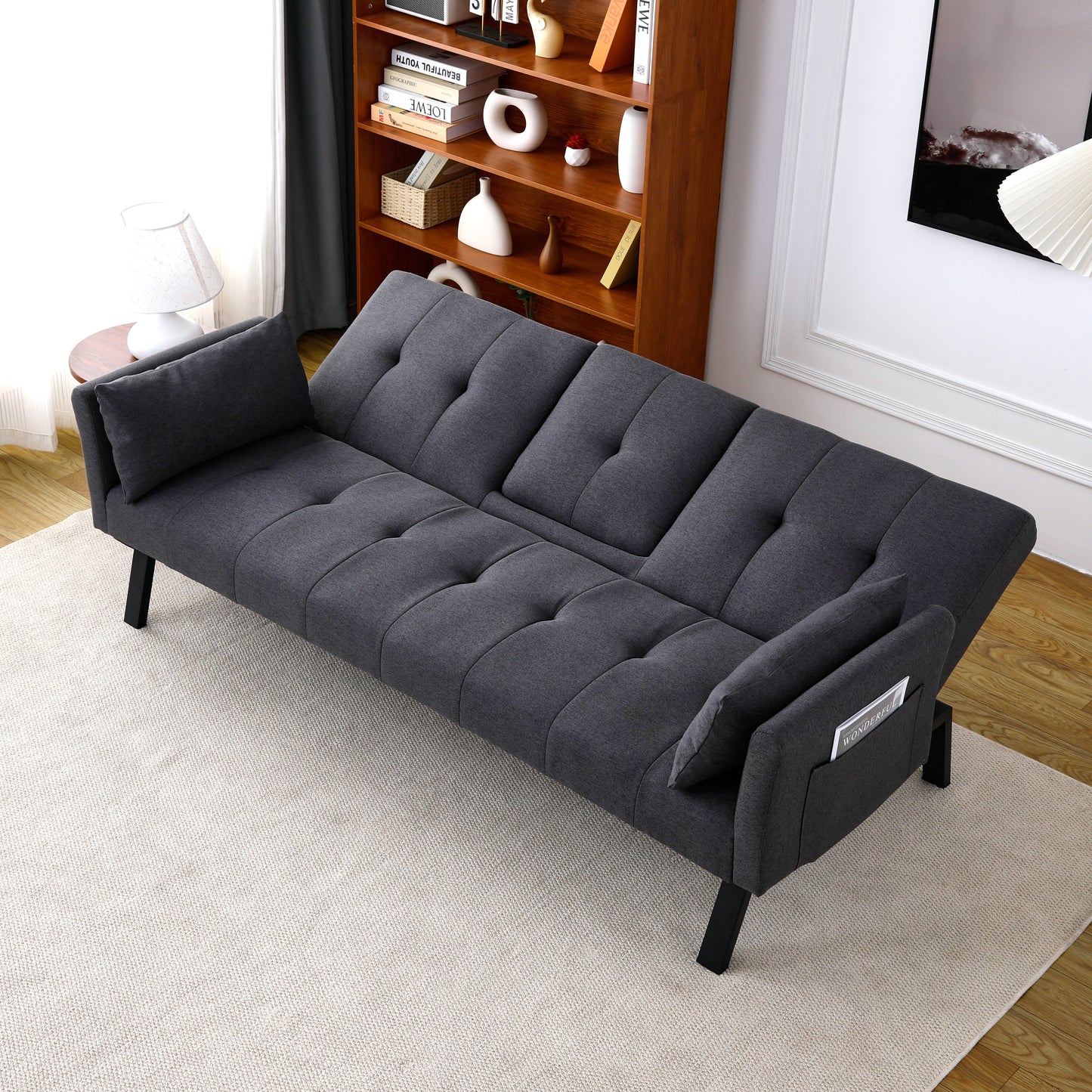 70-Inch Multi-Functional Cotton Linen Sofa Bed with Cup Holder - Dark Grey