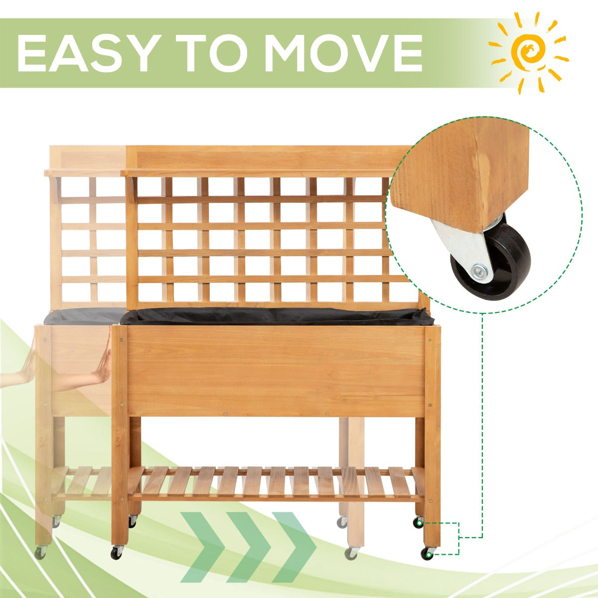 Elevated Wooden Garden Bed with Shelf and Wheels - Outdoor Herb Planter 41x18x53 Inches