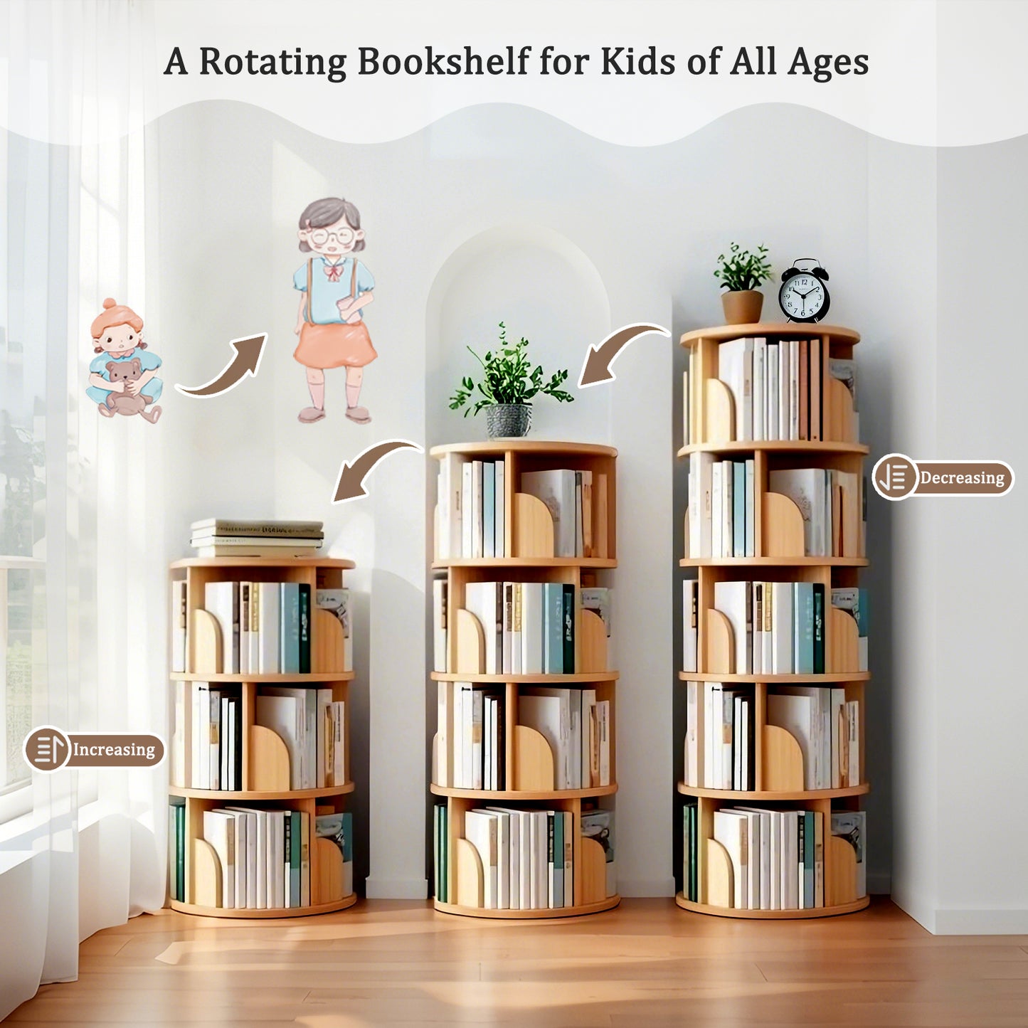 5 Tier Rotating Bookshelf, 360 Display Round Spinning Space-Saving,