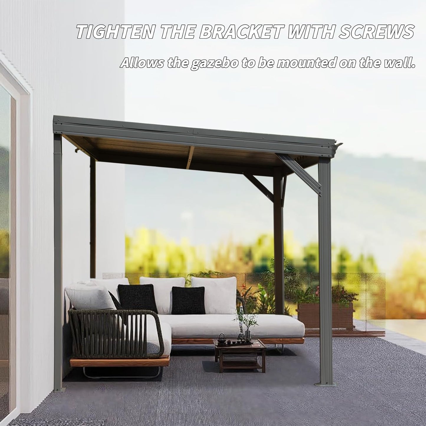 8x8 Lean To Gazebo with Galvanized Steel Sloped Roof Wall-Mounted Patio Cover Gray