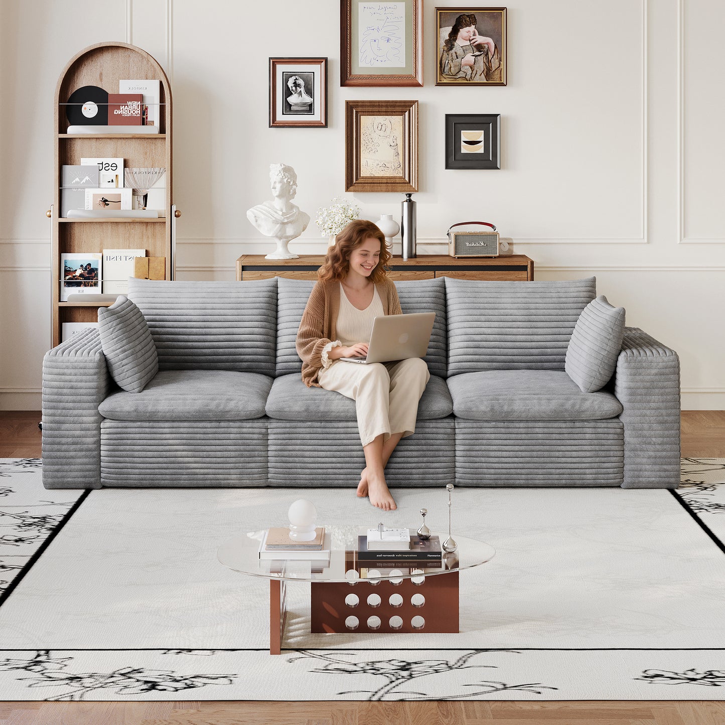 102" Cloud Sofa - Grey Corduroy Fabric, Deep Seat, Removable Cushions