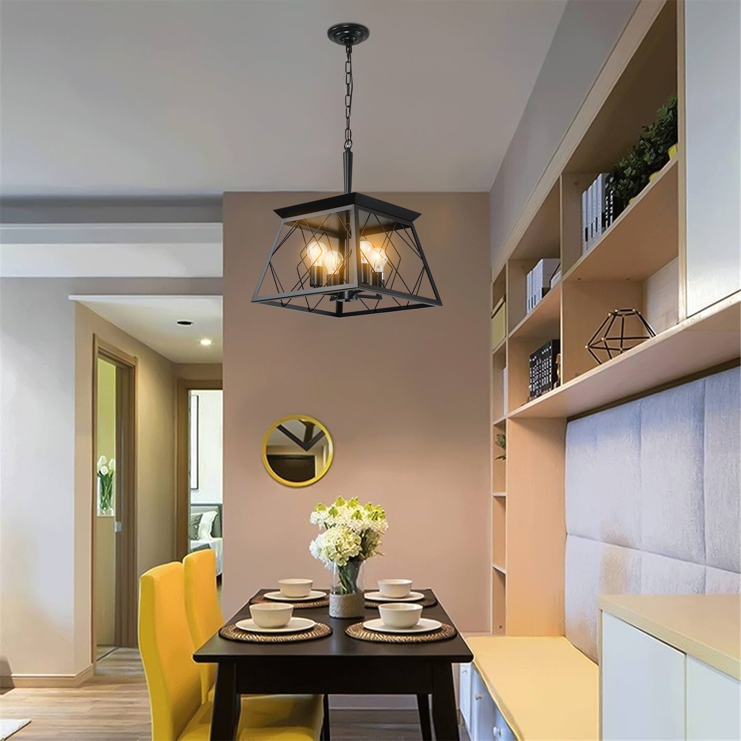 16-Inch Black Industrial 4-Light Pendant Chandelier - Adjustable