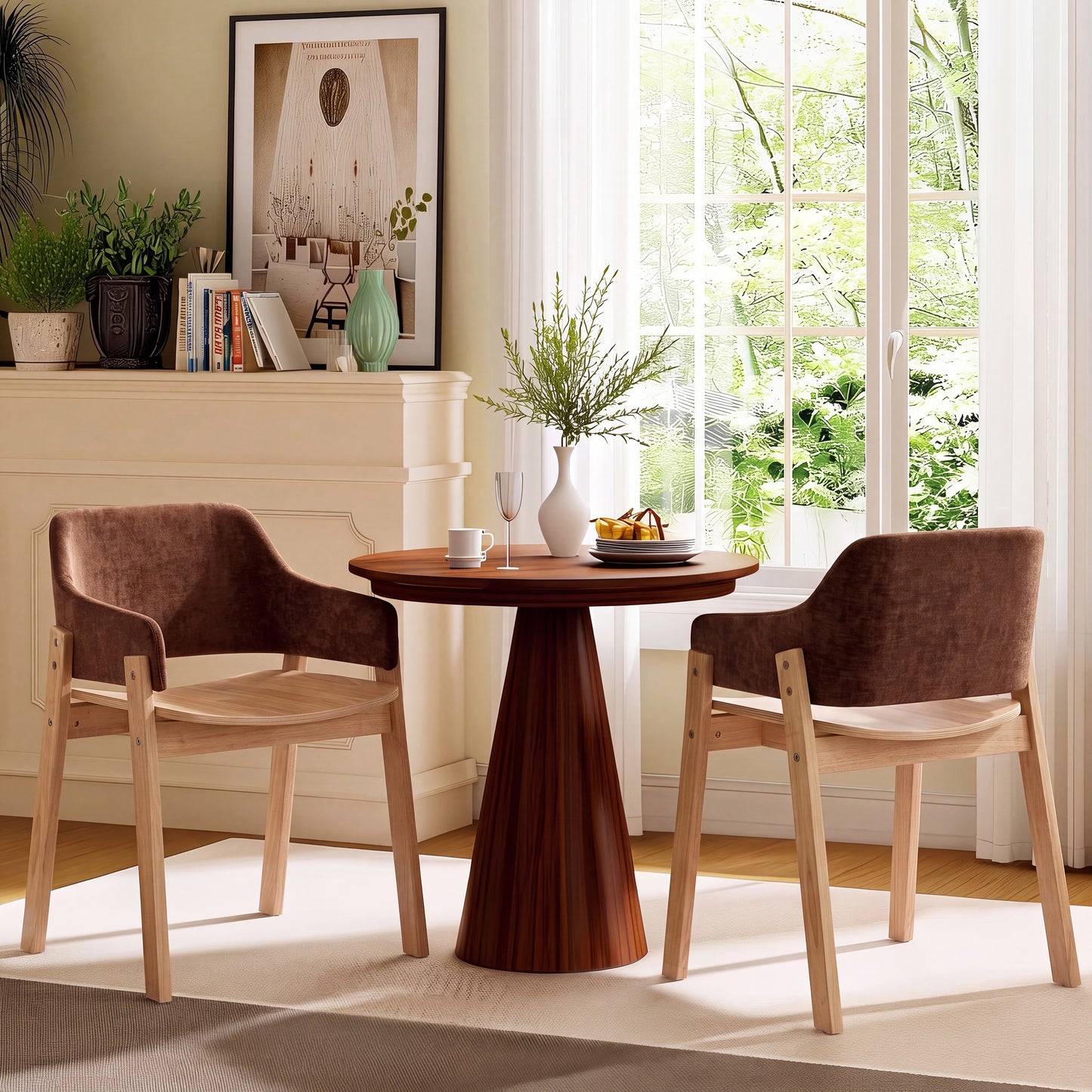 Upholstered Dining Chairs Set of 2 - Brown Fabric & Rubber Wood