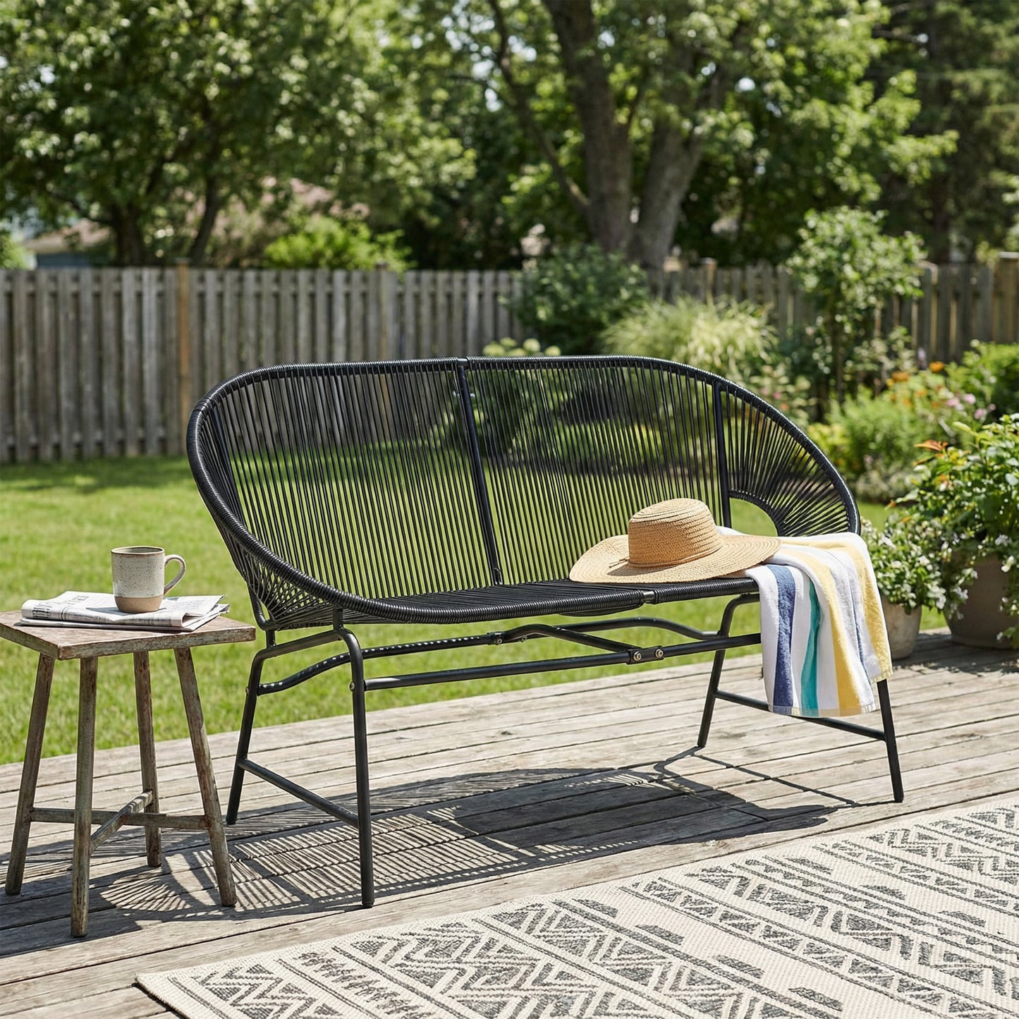 CONDESSA OUTDOOR PATIO WICKER LOVE SEAT, BLACK PE RATTAN & IRON