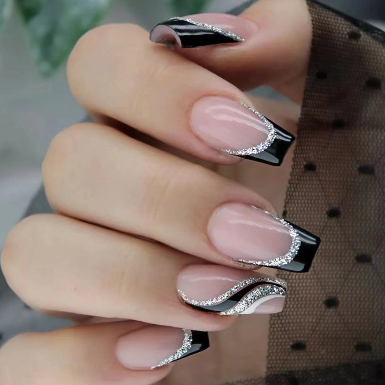 Black Glitter Nail Stickers - Long Square Seamless Nail Art Decals