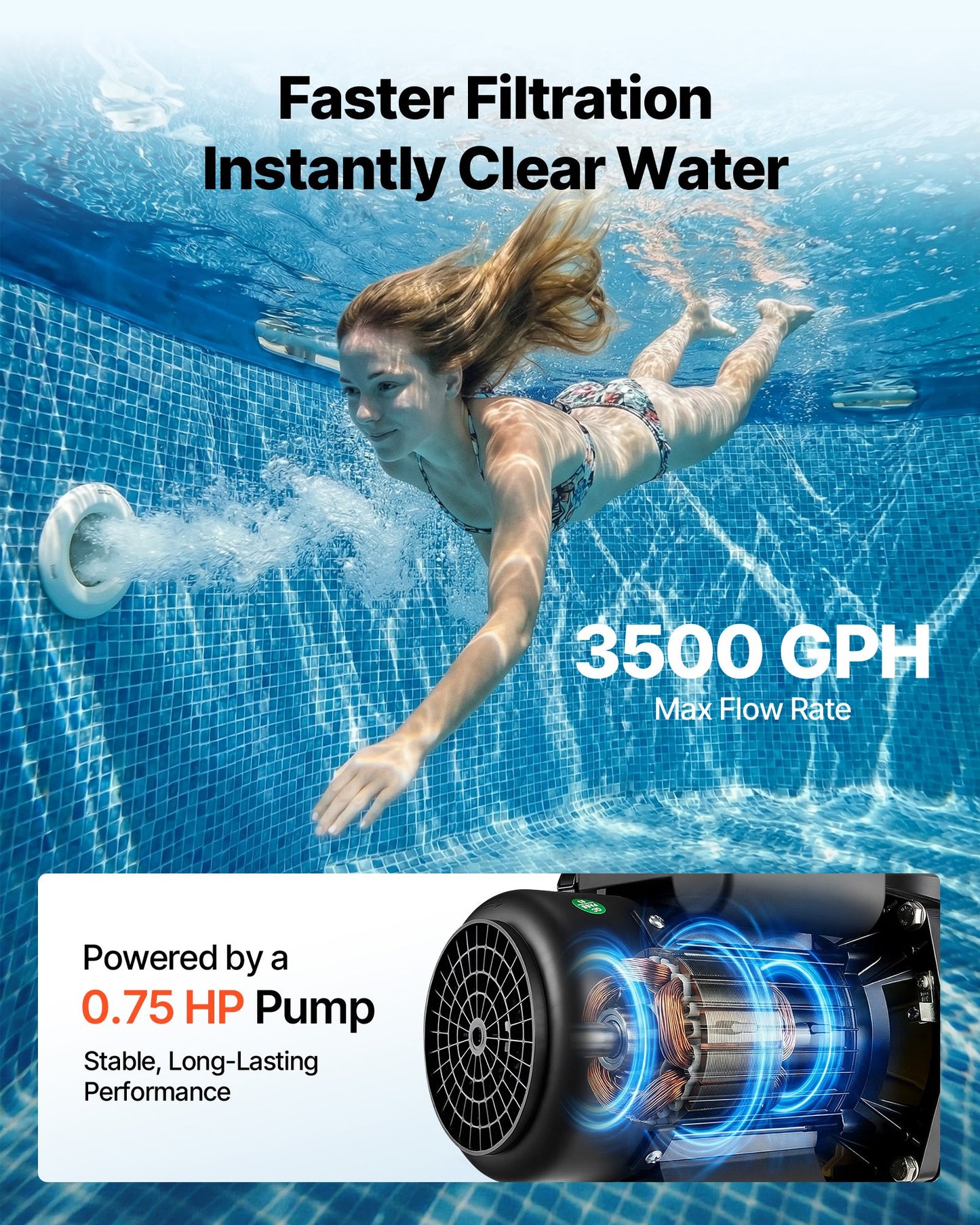 13 Inch Above Ground Pool Sand Filter Pump 0.75 HP 3500 GPH Leak-Resistant Design