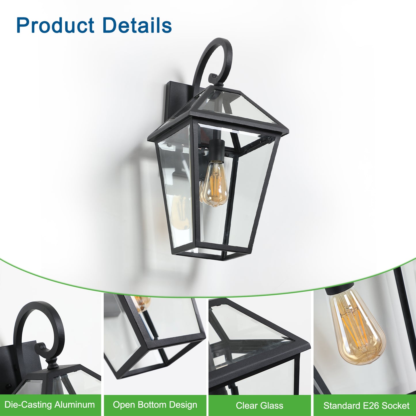 Modern Black Metal Outdoor Wall Lantern Light - Clear Glass Shade