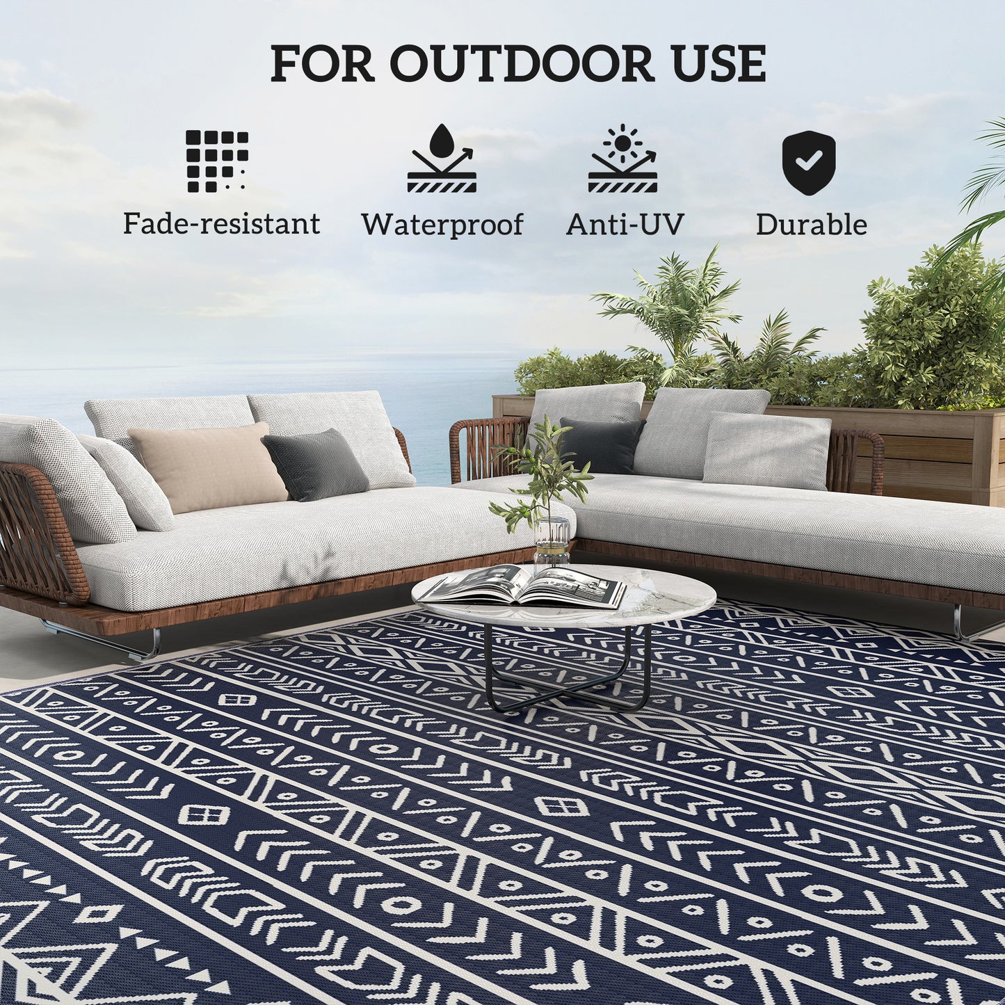 Reversible Outdoor Rug - Waterproof Blue & White Geometric, 8x10