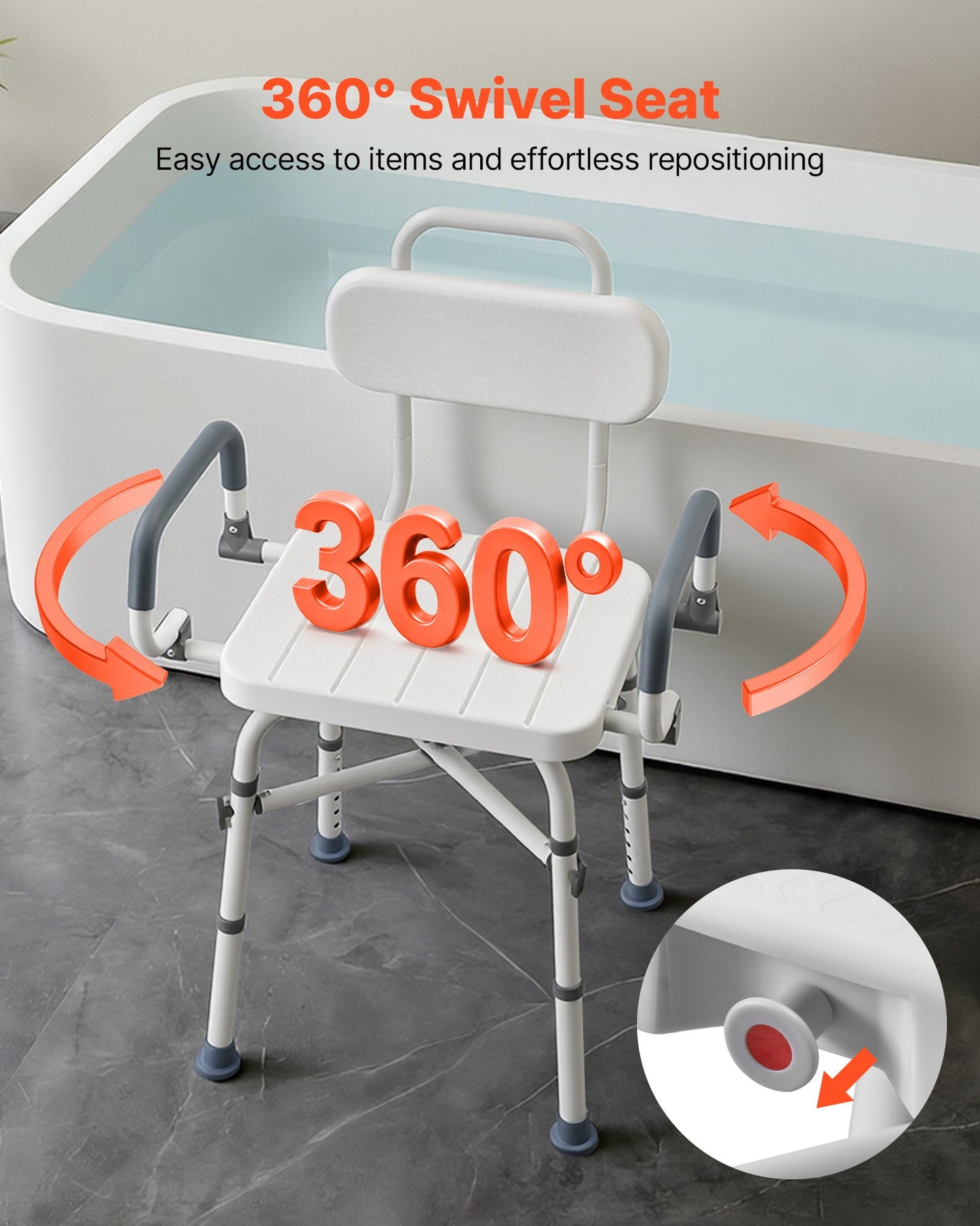 Heavy Duty Swivel Shower Chair with Arms & Back - 500 Lbs Capacity, Adjustable Bath Seat for Adults & Seniors