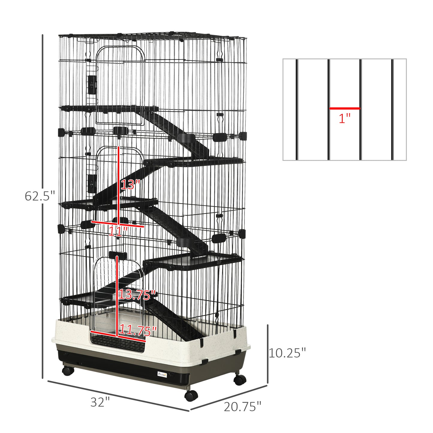 Small Animal Cage 32 Inch 6-Level with Lockable Wheels & Slide-Out Tray for Rabbits, Ferrets, Chinchillas - Black