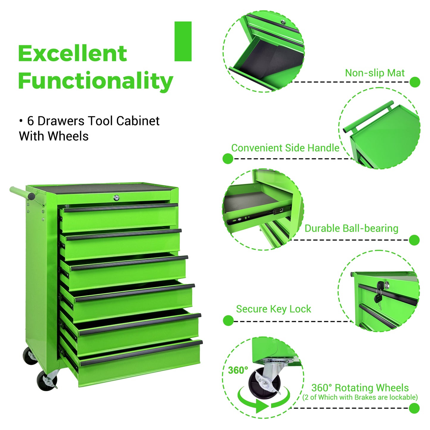 20-Inch Steel Rolling Tool Chest with 6 Drawers and Ball Bearing Slides - Green