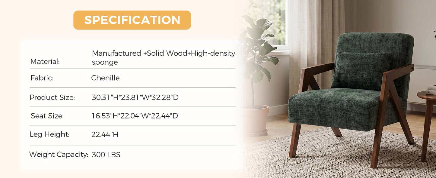 Mid-Century Modern Accent Chair - Dark Green Chenille Upholstered