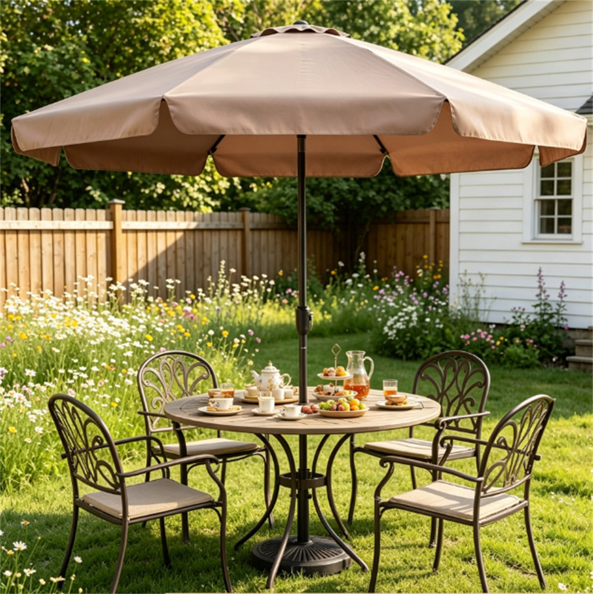 10ft Brown Scalloped Patio Umbrella with Tilt & Crank Control