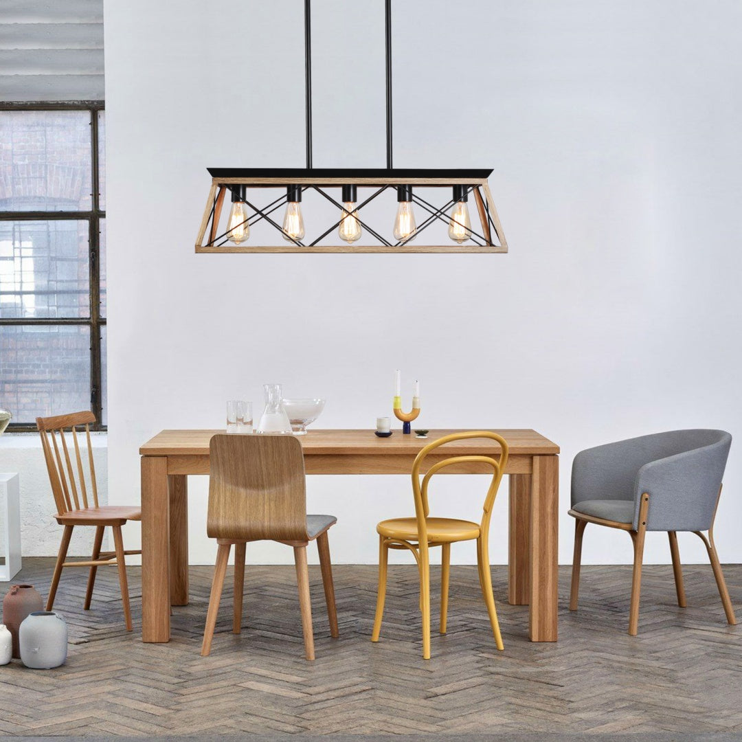 32-Inch Oak Industrial 5-Light Pendant Chandelier - Adjustable