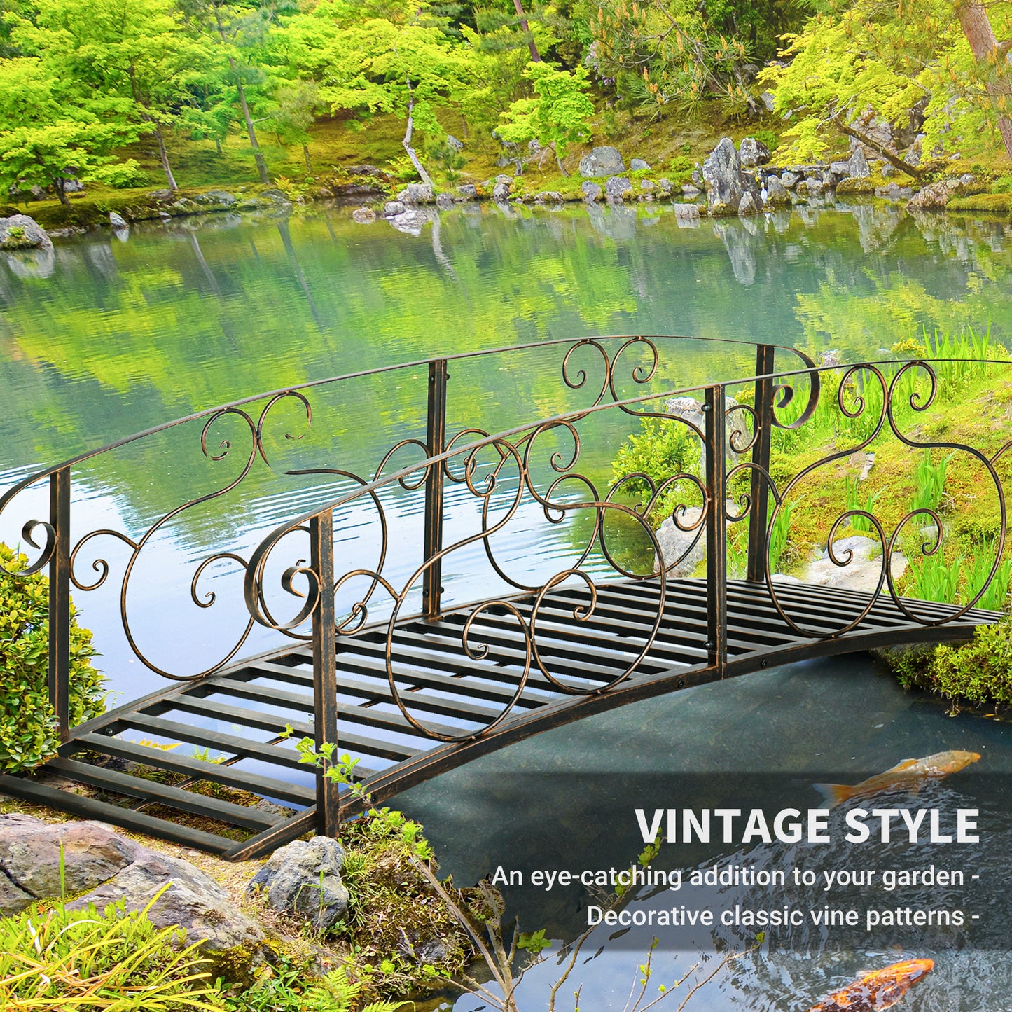 Metal Garden Bridge with Safety Siderails - Bronze Arc Footbridge for Pond and Creek
