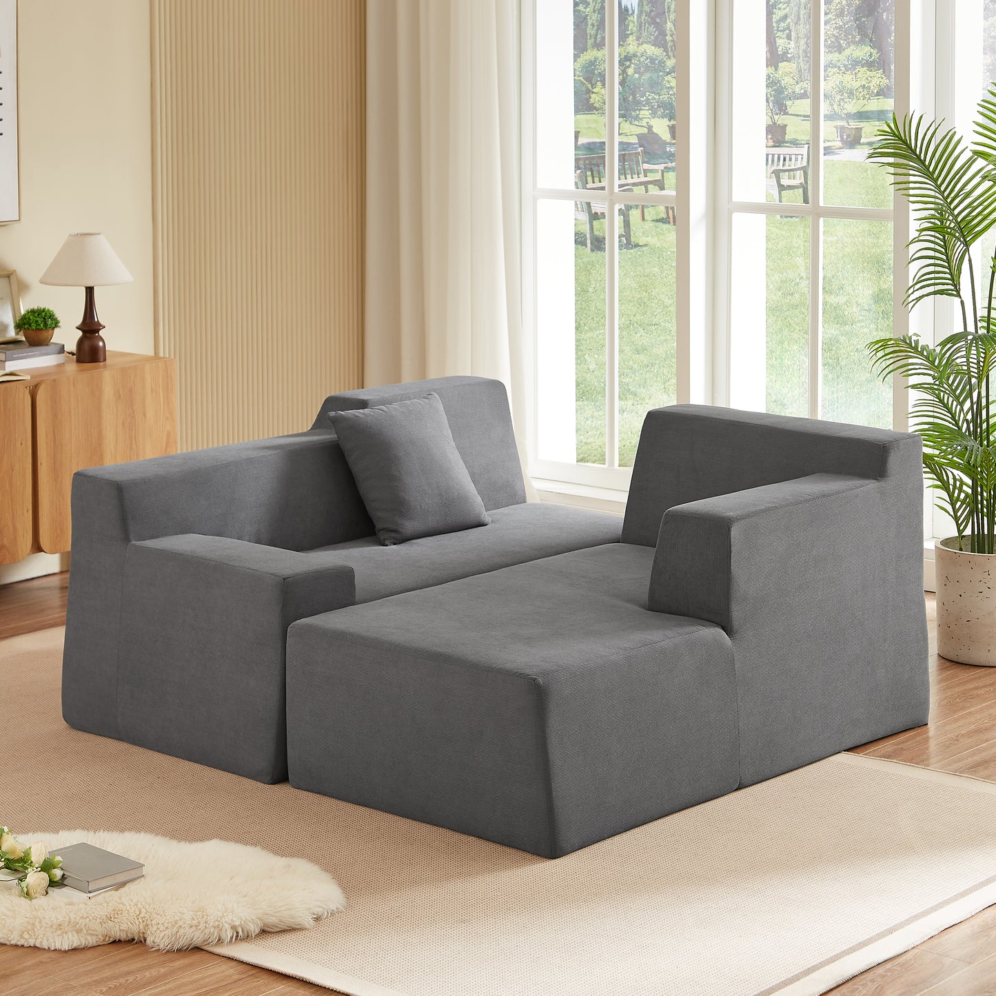 Modern L-Shaped Corduroy High Back Sofa - Dark Gray