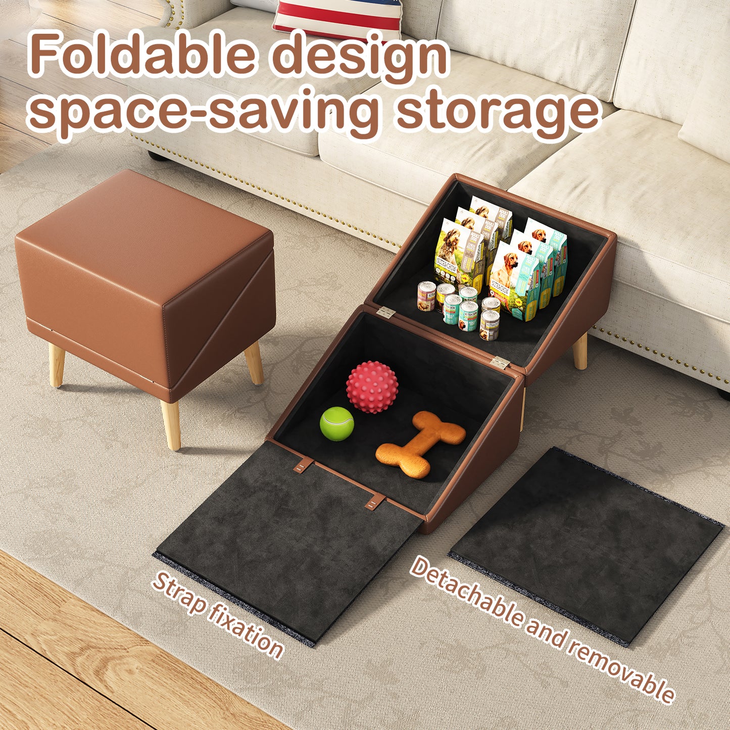 3-in-1 Pet Ramp with Storage and Footstool - Non-Slip, Supports 265 lbs, Brown