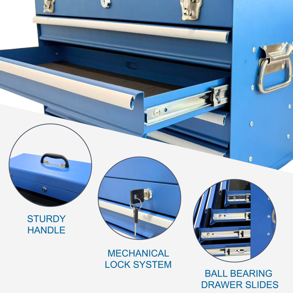 Heavy Duty Metal Tool Box with 4 Drawers - 21-inch Portable Steel Storage Chest, Locking & Powder Coated Finish, Blue