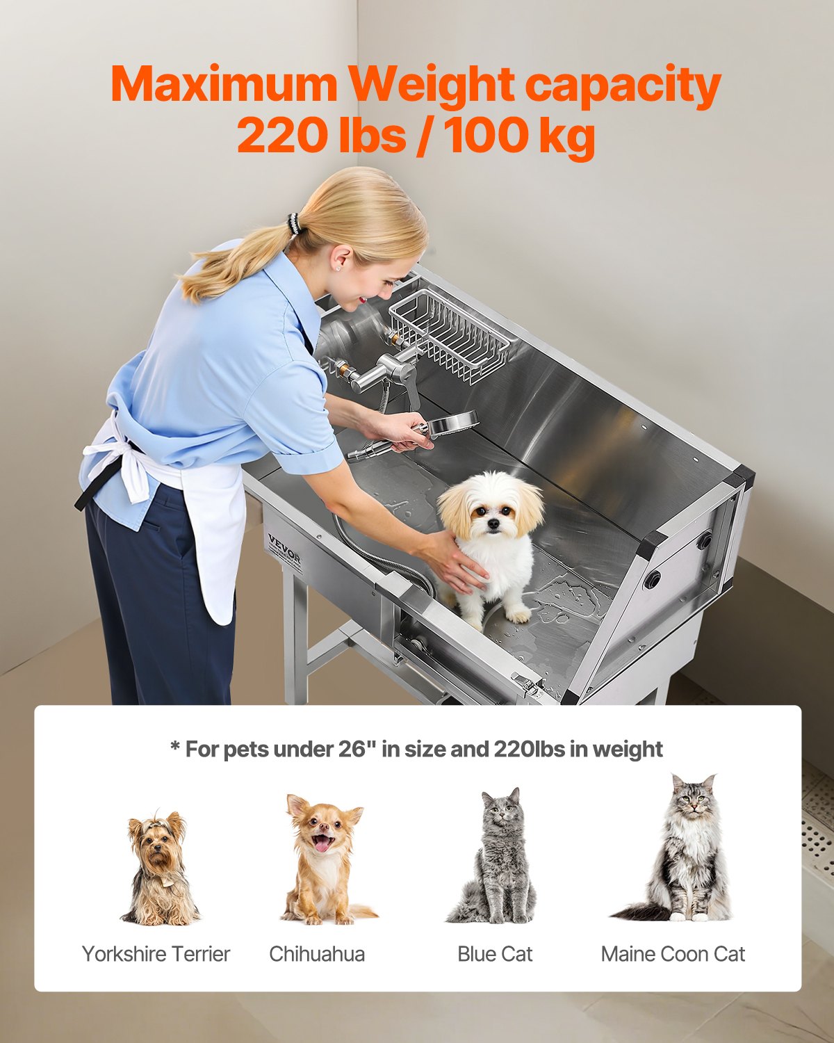 34-Inch Stainless Steel Dog Grooming Tub with Shower Faucet and Non-Slip Stairs