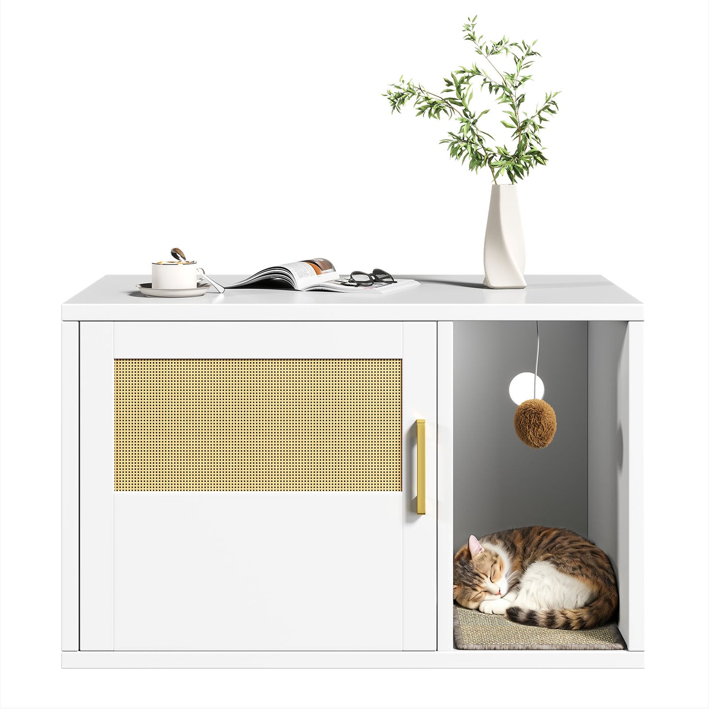 Multifunctional Cat Litter Box Cabinet with Odor Control & Side Table - White