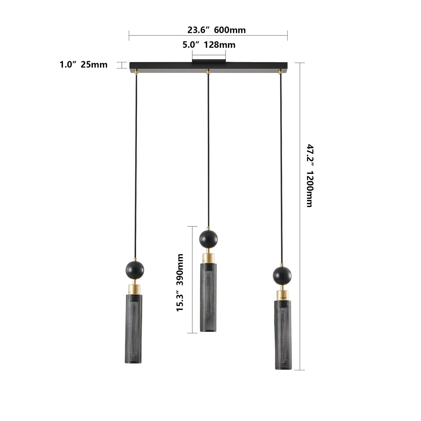 Modern Black and Gold 3-Light Pendant Chandelier - Adjustable