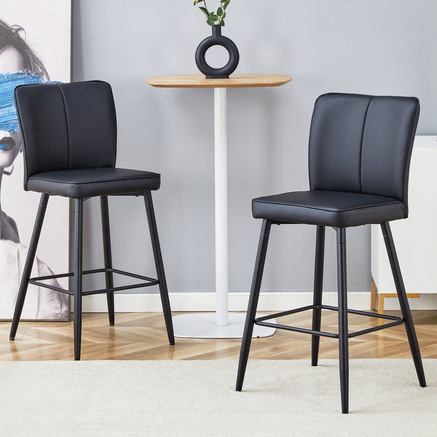 Modern Black PU Bar Chair Set - Two Pieces, The Backrest Has A