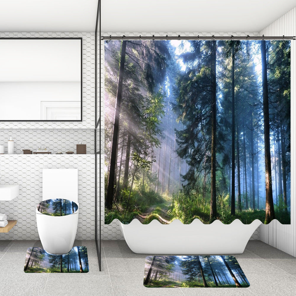 Bathroom Shower Curtain and Floor Mat Set Ocean World Printing - 4 Piece