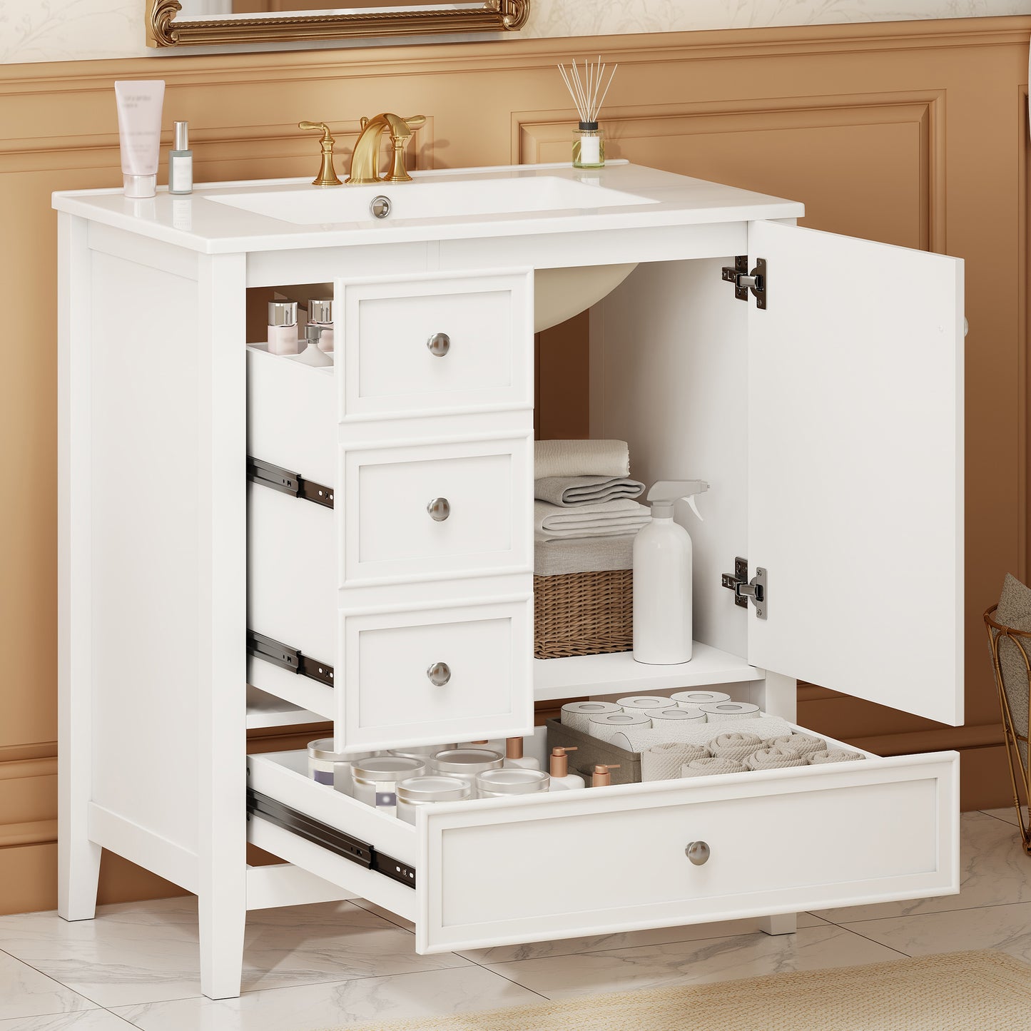 30" Bathroom Vanity with Sink, Cabinet & 3 Drawers - White