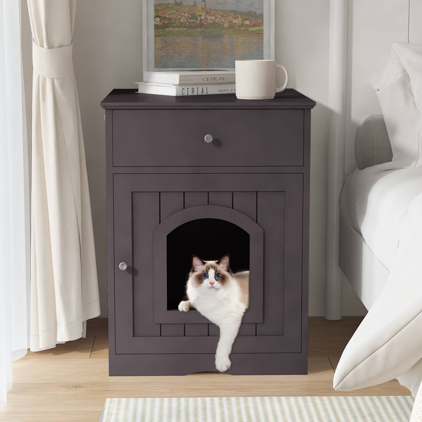 Wooden Cat House with Drawer Side Table Indoor Pet Enclosure