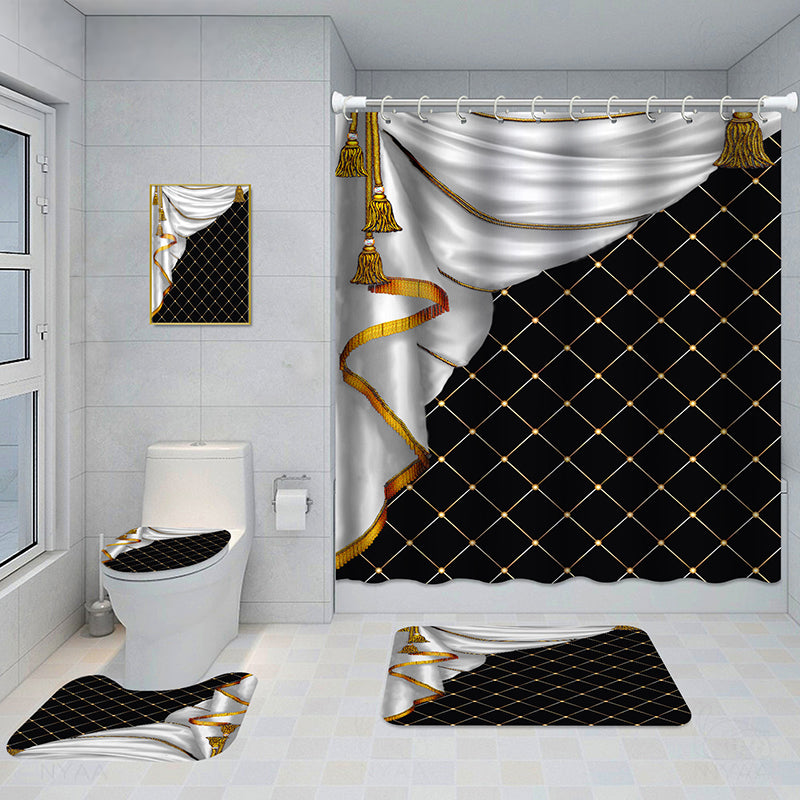 Bathroom 5-Piece Shower Curtain Set with Mat and Decorative Aluminum Frame