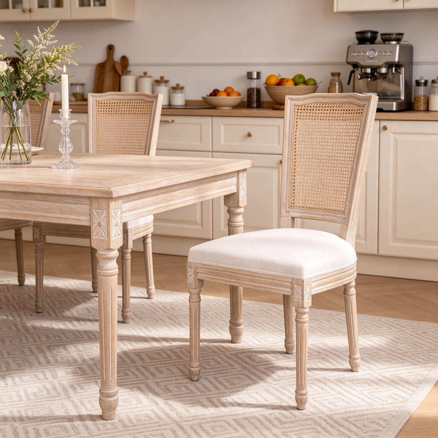 French Country Dining Chairs Set of 2 - Upholstered Rattan Back