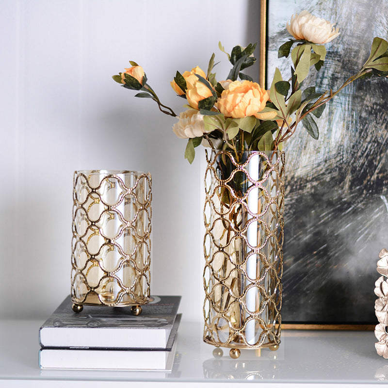 Hollow Out Glass Vase with Golden Flower Arrangement Metal Stand - Home Decor