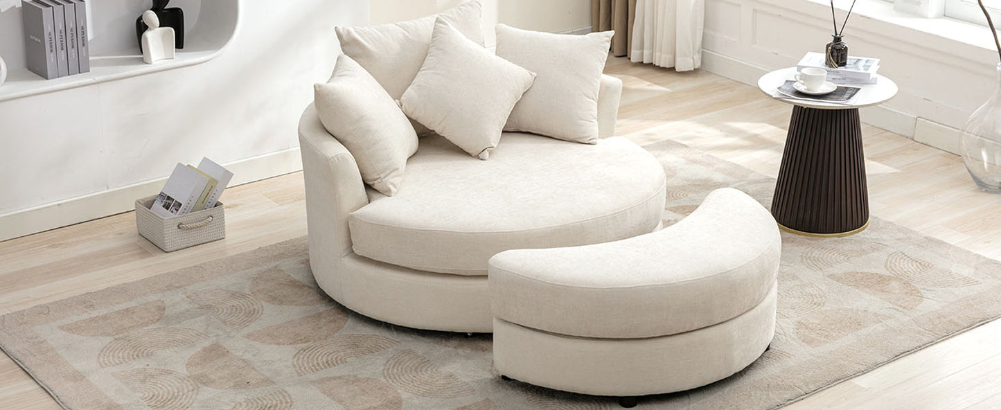 360° Swivel Accent Barrel Chair with Storage Ottoman & 4 Pillows - Cream