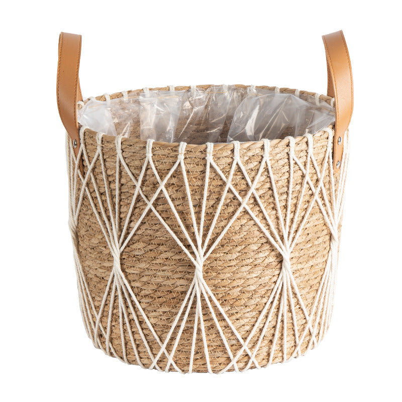 Floor-standing Flower Basket with Woven Straw Design - Garden & Home Decor